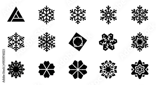 Collection of diverse black snowflake designs and geometric shapes on a clean white background from a direct viewpoint