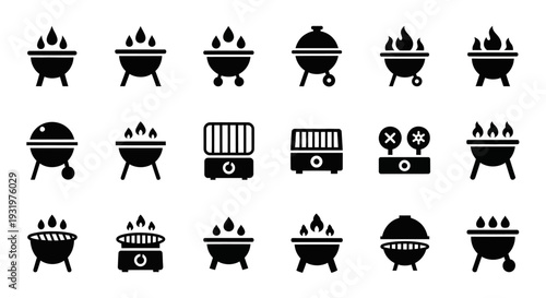 A collection of barbecue grill icons in various designs and styles, symbolizing outdoor cooking and social gatherings.