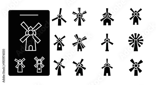 Collection of various windmill icons displayed on a digital interface showcasing different designs and styles