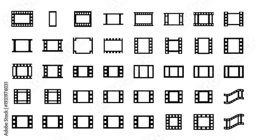 Collection of various film strip icons and graphics displayed in a grid pattern on a simple background from a straightforward viewpoint