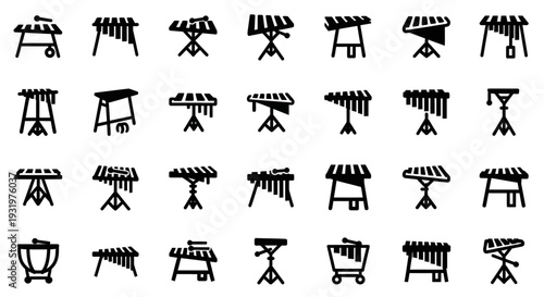 Collection of various sawhorse illustrations displayed in a grid pattern on a plain background from a direct viewpoint