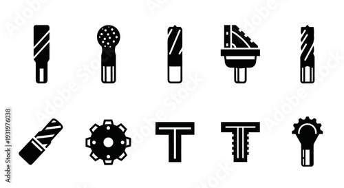 A collection of black drill bits on a white background, viewed from directly above, showcasing various machinery parts and tools.