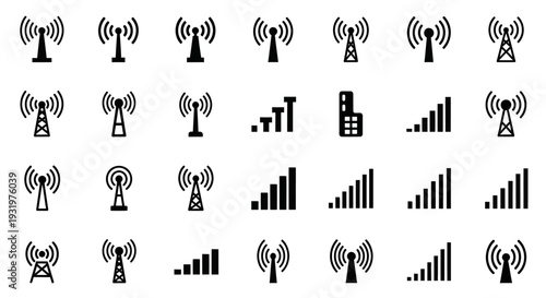 Collection of various telecommunications tower icons representing signal strength and network connectivity