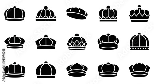 Collection of royal crowns icons in various designs and styles displayed on a clean white background from a straightforward viewpoint