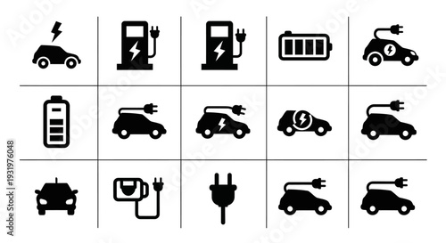 Electric vehicles charging at various stations with different icons representing eco-friendly transportation methods and energy sources