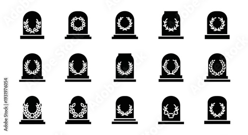 A collection of black and white tombstones with wreaths arranged in a grid pattern on a plain background