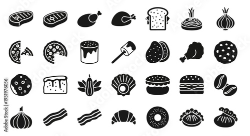 A collection of various monochrome food icons, including baked goods, fruits, and meats, displayed in a grid on a plain background from a straightforward viewpoint.
