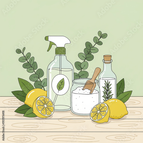Illustration of natural, non-toxic cleaning products. A still life with DIY ingredients like lemon, baking soda, and vinegar for a green home. Vector illustration