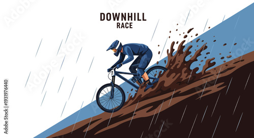 Downhill Mountain Bike Race In Rainy Weather With Dynamic Action Illustration