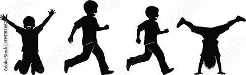 Four black silhouettes of people in various dance poses