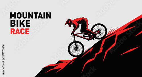 Dramatic Red And Black Mountain Bike Race Illustration on White Background