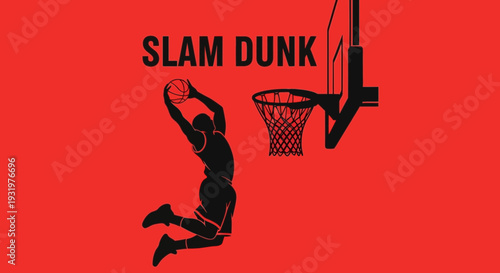 Dramatic Silhouette Depicting a Basketball Player's Powerful Slam Dunk on a Red Backdrop