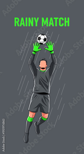 Dramatic Soccer Goalkeeper Diving To Save Ball During Downpour Illustrative Artwork