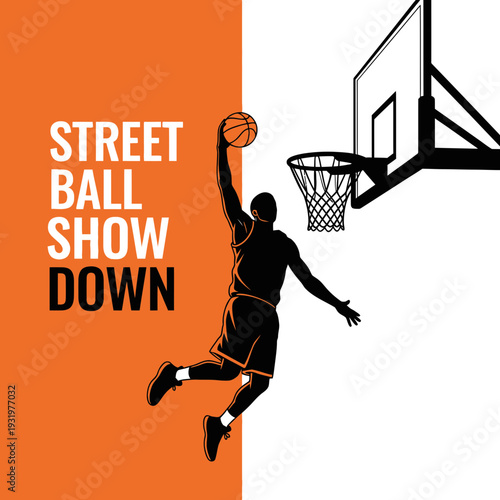 Dramatic Streetball Silhouette Demonstrates Athletic Prowess and Artistic Slam Dunk in Urban Space