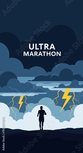 Dramatic Ultra Marathon Runner Silhouette Against a Thunderstorm With Lightning Strikes