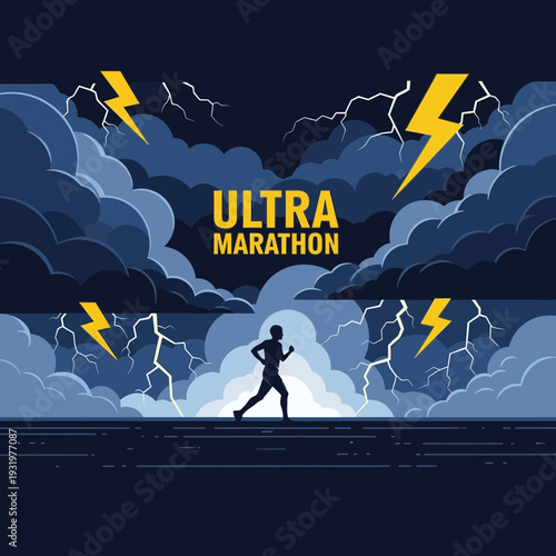 Dramatic Ultra Marathon Runner Silhouette Amidst Stormy Skies, Intense Athletic Challenge
