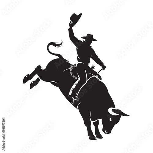 Rodeo bull rider silhouette performing action stunt during festival