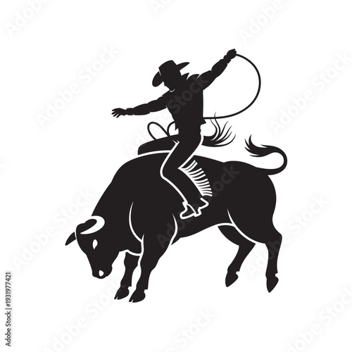 Silhouette of cowboy riding bucking bull with rope and lasso graphic