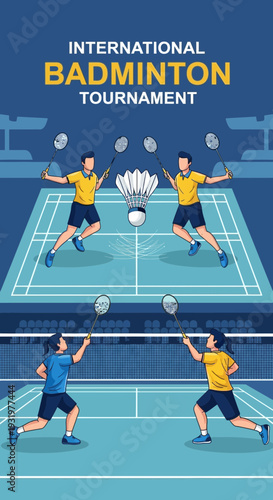 Dynamic Badminton Match Depicted With Professional Players Engaging In Competitive Tournament Action