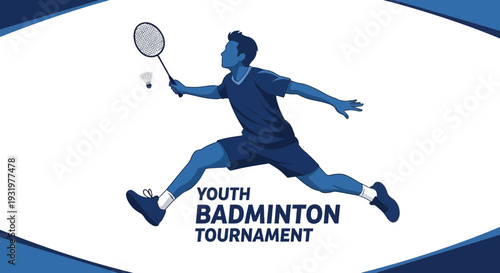 Dynamic Badminton Player Demonstrating Agility in Youth Tournament Advertisement Design