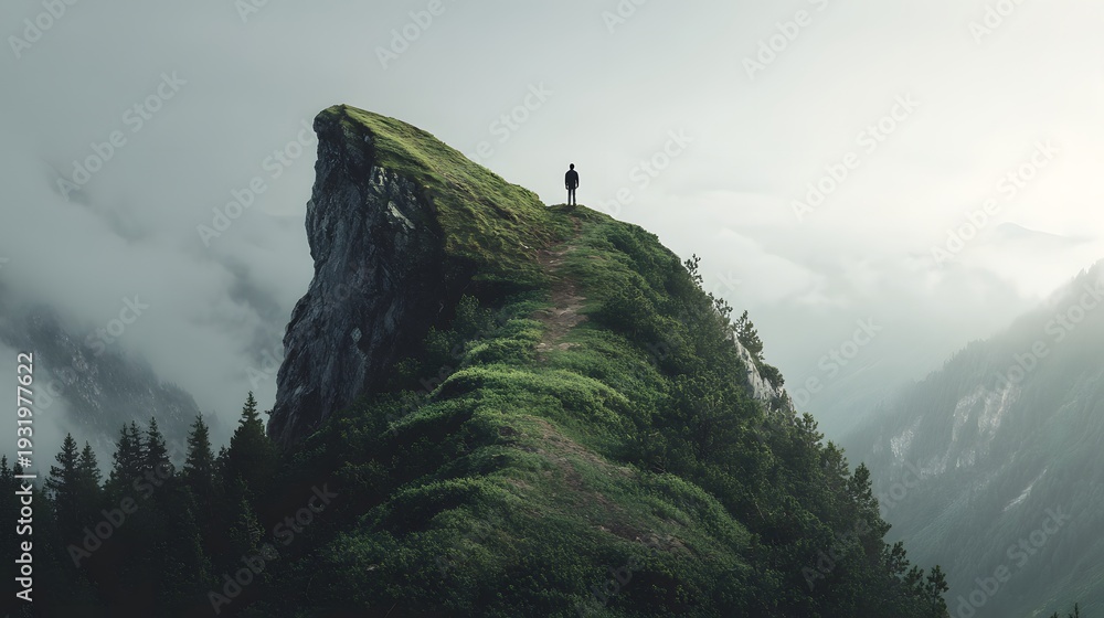 Fototapeta premium A solitary figure stands atop a majestic mountain peak, gazing out at the breathtaking scenery, with fog covering the valleys. The atmosphere is quiet, evoking a sense of calm and solitude.