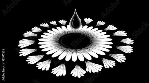 Black and white illustration features a stylized flower with a droplet above the center