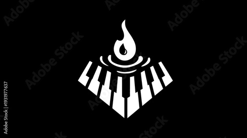 A musical logo depicts a stylized piano keyboard and radiating soundwaves topped by a flame