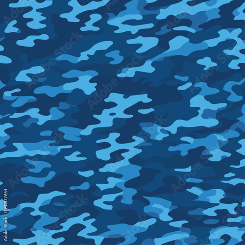 Blue camouflage seamless pattern vector. Trendy abstract navy marine camo background texture for apparel design, fashion textile print, sportswear clothing, and modern military style wallpaper.