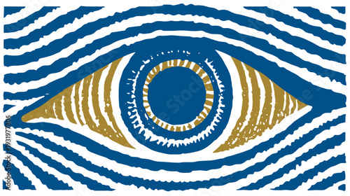 A stylized eye illustration featuring a blue iris, a gold pupil, and surrounding blue and white waves
