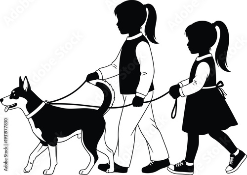 Children walking dog silhouette illustration with casual outdoor activity, companionship and care concept, friendship design, flat vector graphic illustration