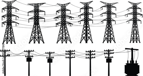 Electrical power transmission silhouette vector illustration, utility pole transformer icons, energy distribution artwork, infrastructure design scene - flat vector illustration