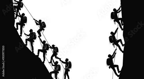 Climber silhouette collection with teamwork and solo ascent, mountain climbing illustration, adventure challenge concept, outdoor sport design, flat vector illustration