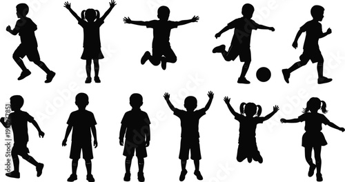 Children activity silhouette illustration with running, jumping, ball play and dancing poses, childhood energy concept, outdoor fun, flat vector design
