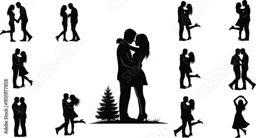 Couple silhouette vector illustration, romantic love icons, embrace kiss artwork, relationship intimacy design, outdoor affection scene - flat vector illustration