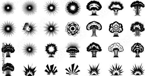 Explosion blast vector illustration, energy burst icons, nuclear mushroom cloud artwork, shockwave silhouette design, dynamic explosion scene - flat vector illustration