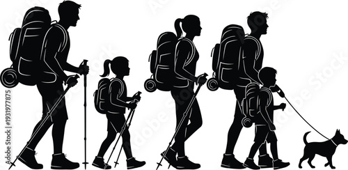 Family hiking silhouette illustration with backpacks, trekking poles, camping gear and dog, outdoor adventure concept, nature exploration, flat vector design