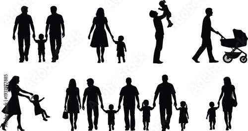 Family silhouette collection with parents and children in diverse interactions, caregiving and unity illustration, relationship concept, flat vector design
