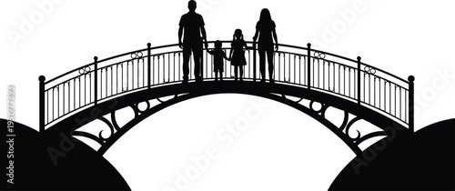 Family silhouette illustration with parents and children on ornate bridge, unity and companionship concept, architectural design element, flat vector graphic