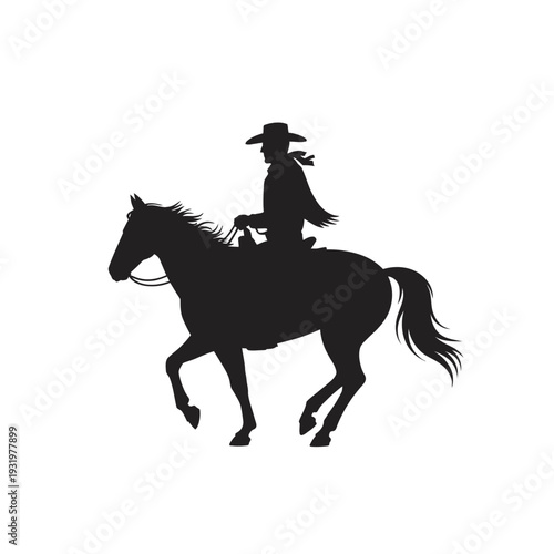 Cowboy riding horse silhouette moving fast against white background