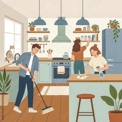  People cooperate on household chores in a cozy, modern kitchen. A scene of teamwork and shared responsibility with a warm, flat illustration style.. Vector illustration
