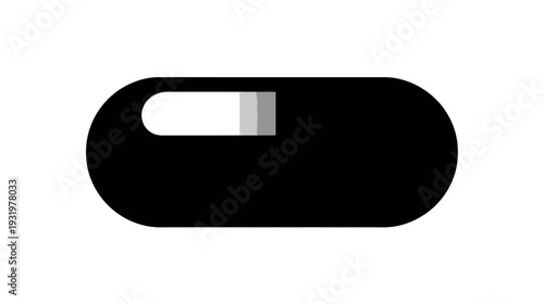 A black, pill-shaped design, with a white, rounded-edge rectangle and gray gradient to the right