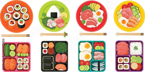 Japanese Sushi and Bento Box Collection with Salmon Tuna Rice and Traditional Asian Food Vector Illustration