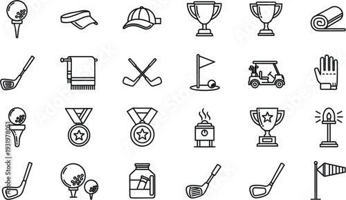 Golf Line Icon Collection with Trophy Club Ball Cart Medal and Equipment Outline Vector Set