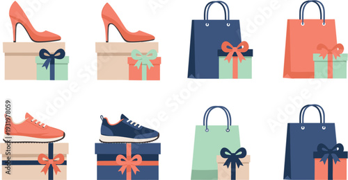 Fashion Shopping Collection with High Heels Sneakers Gift Boxes and Paper Bags Vector Illustration