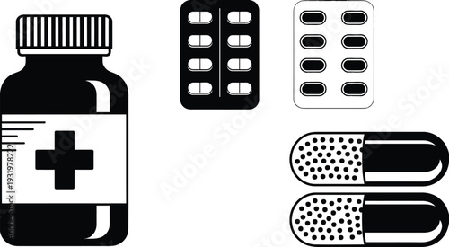 Medical Medicine Bottle Blister Pack and Capsule Icon Set Featuring Pharmacy Healthcare Symbols in a Clean Vector Illustration Style for Professional Clinic Branding