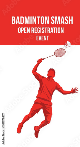 Dynamic Badminton Smash Event Featuring Open Registration, Action Silhouette, and Sports Competition
