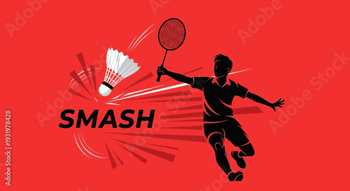Dynamic Badminton Smash Silhouette on Bold Red Background Captures Action Moment