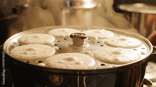 Steaming Idlis in a Traditional Metal Steamer With Gentle Ambient Lighting Creating a Warm Culinary Atmosphere Close Up Shot