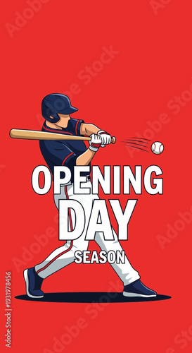 Dynamic Baseball Player Hitting Ball With Bold Typography for Opening Day Season Celebration