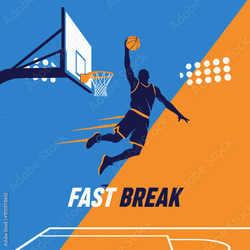 Dynamic Basketball Player Executing Slam Dunk, Capturing Energy and Athleticism with Vector